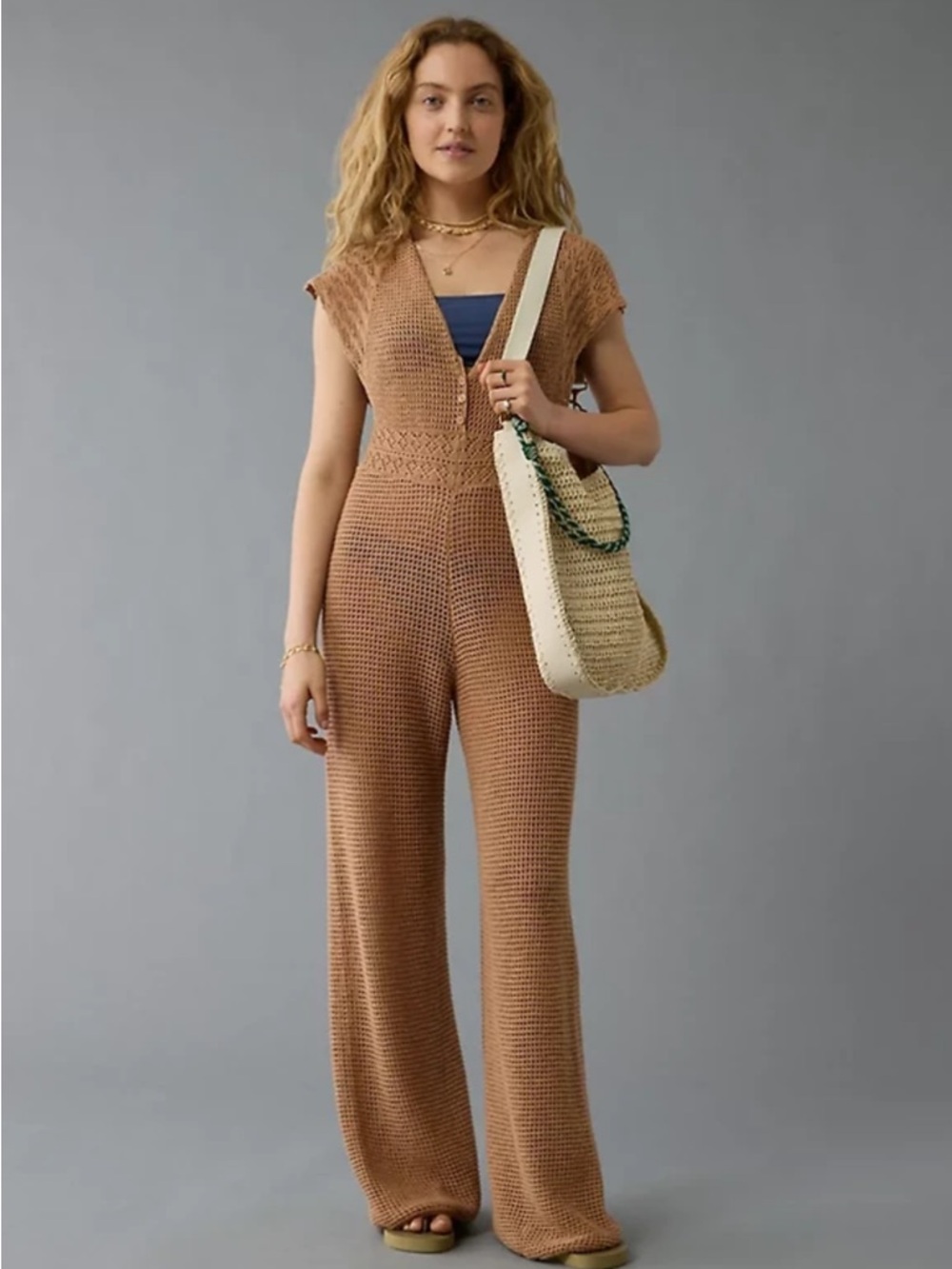 American Eagle Outfitters Crochet Wide-Leg Jumpsuit in Tan
